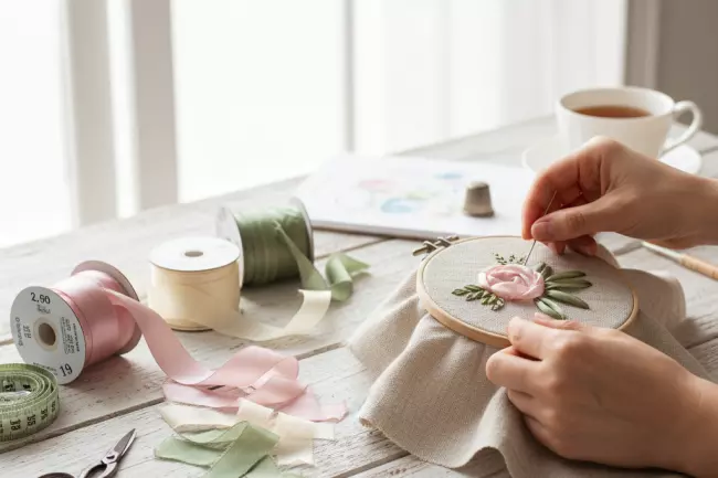 Выбор лент для вышивки лентами