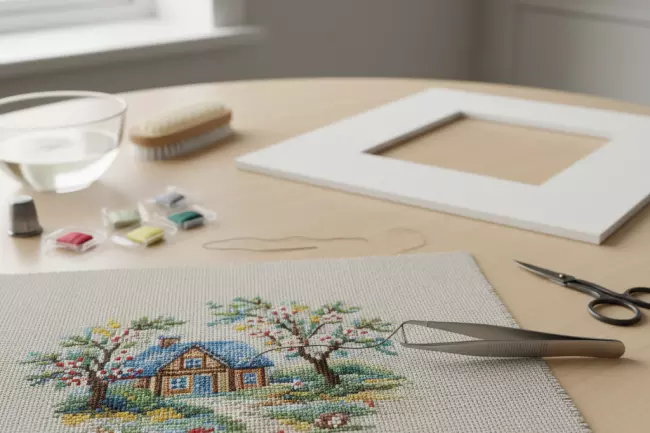 Подготовка вышивки к оформлению в рамку