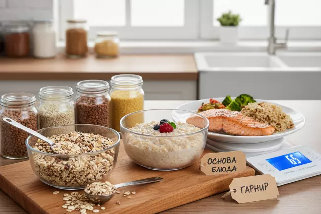 Порции круп: 40–70 г, частота недели