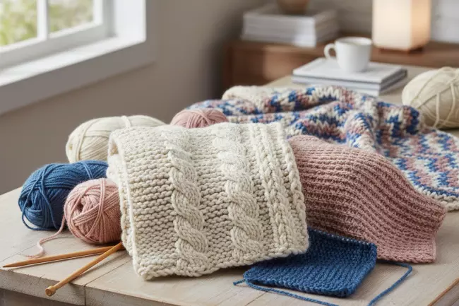 Идеи и схемы вязания пледа, палитра фактур