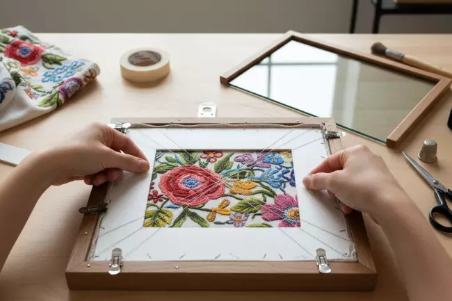Оформление вышивки в рамку и фиксация натяжения