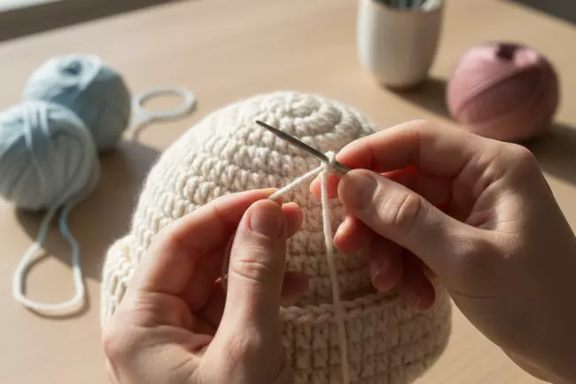 Финишная обработка вязаной шапки крючком