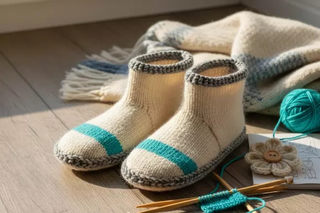Идеи декора вязаных домашних тапочек