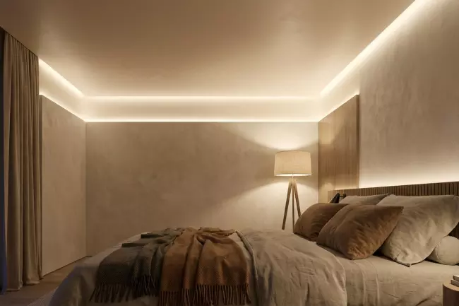 Уютный потолок спальни: цвет, фактура, освещение