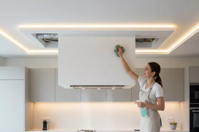 Плюсы натяжного потолка на кухне, уход