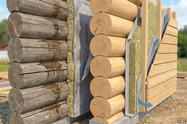 Утепление деревянного дома с учётом усадки