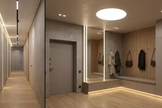 Материалы и дизайн потолка прихожей, освещение