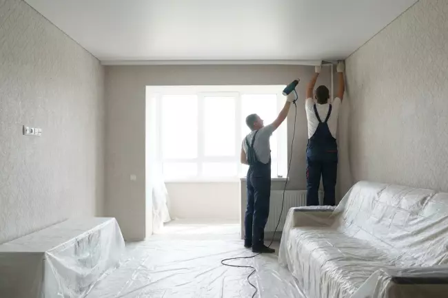 Натяжной потолок после поклейки обоев