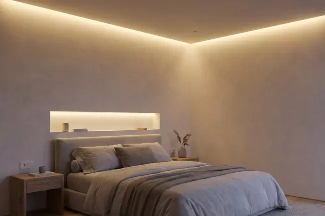 Скрытая подсветка потолка в спальне идеи
