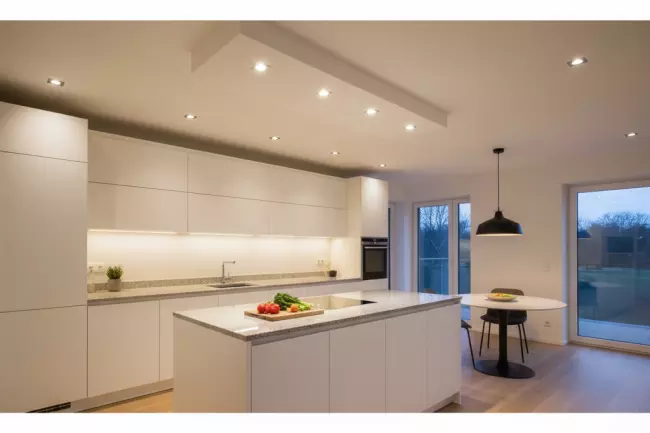Натяжной потолок на кухне: освещение и советы