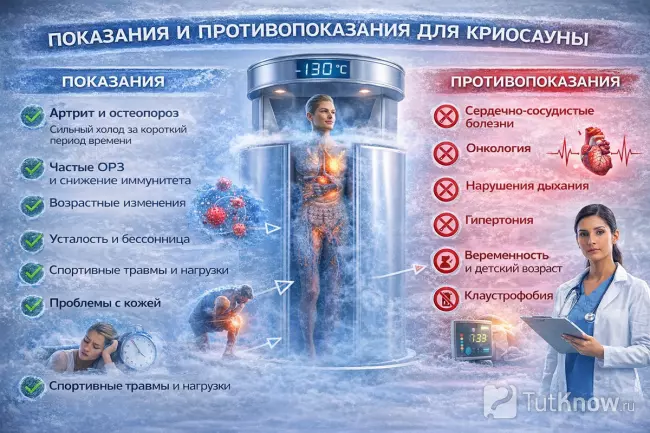 Показания и противопоказания криосауны инфографика