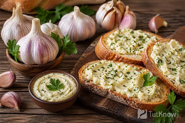 Чеснок, тосты с чесночной намазкой на деревянном столе