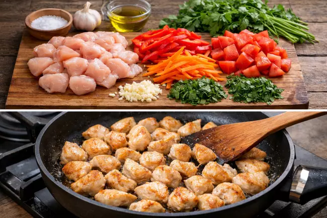 Курица по-грузински с овощами на сковороде