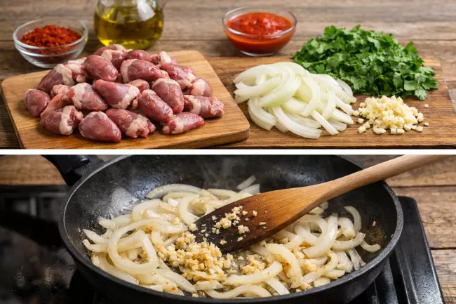 Куриные сердечки по-грузински с луком и специями