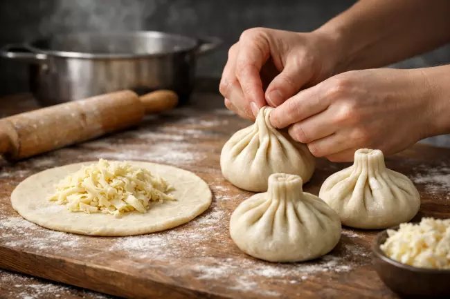 лепка хинкали с сыром сулугуни