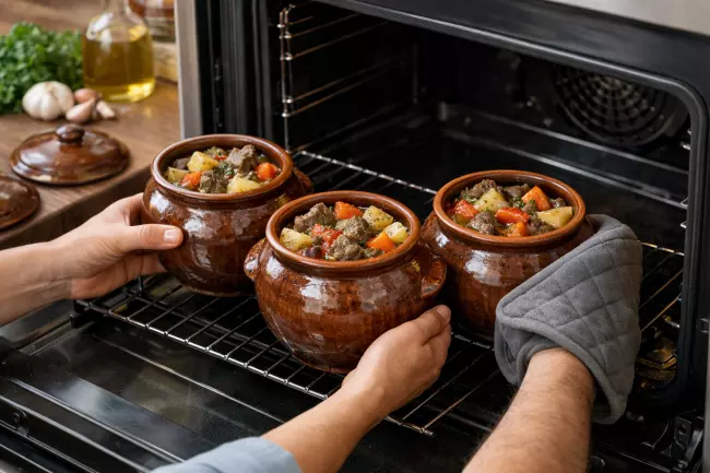 чанахи в горшочках с мясом и овощами