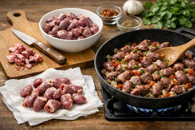Куриные сердечки по-грузински с луком и специями