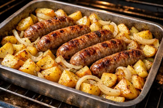 Купаты в духовке с картофелем и луком