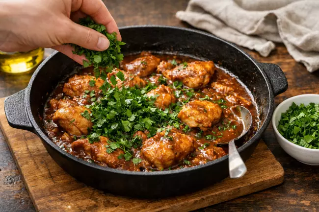 Курица в соусе ткемали с зеленью