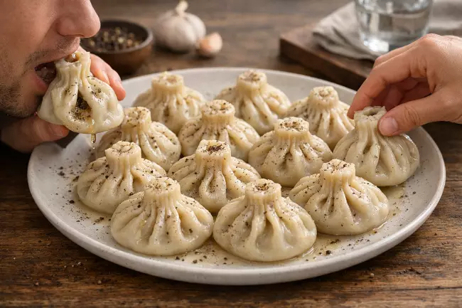 Подача и употребление хинкали с мясом