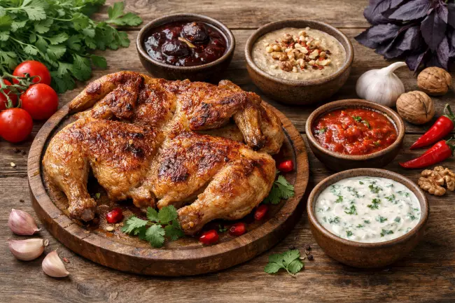 Цыплёнок табака по-грузински с подходящими соусами