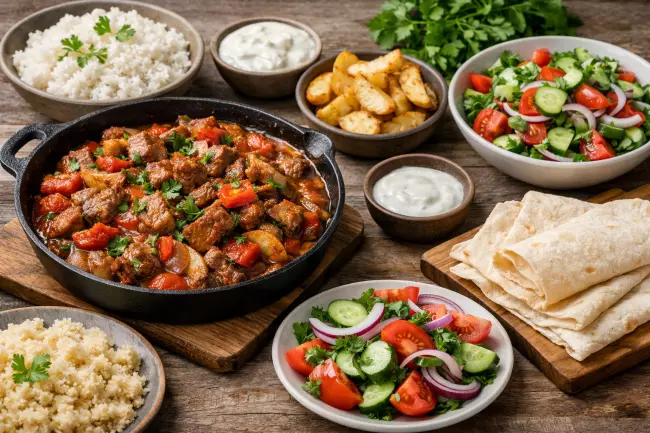 Мясо по-грузински с овощами и рисом