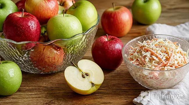 Салат из капусты, моркови и яблок заправленный сметаной