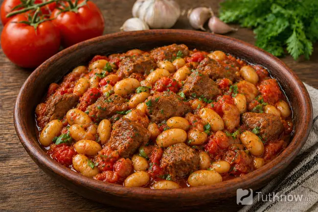 Лимская фасоль с мясом в томатном соусе