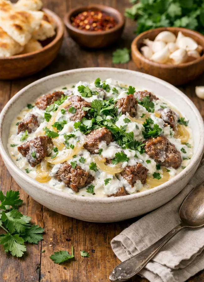 Борани по-грузински с мясом и мацони