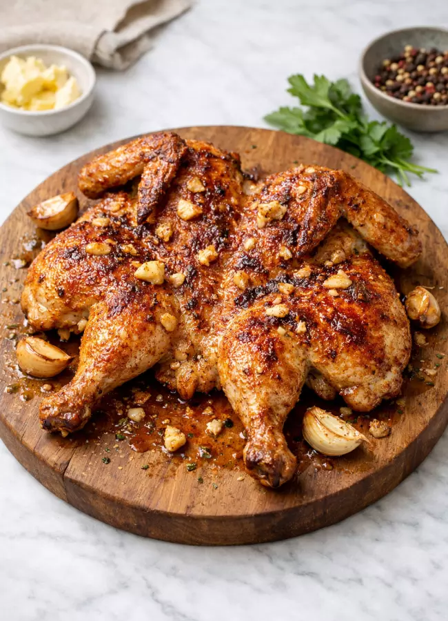 Цыплёнок табака с чесноком на сковороде