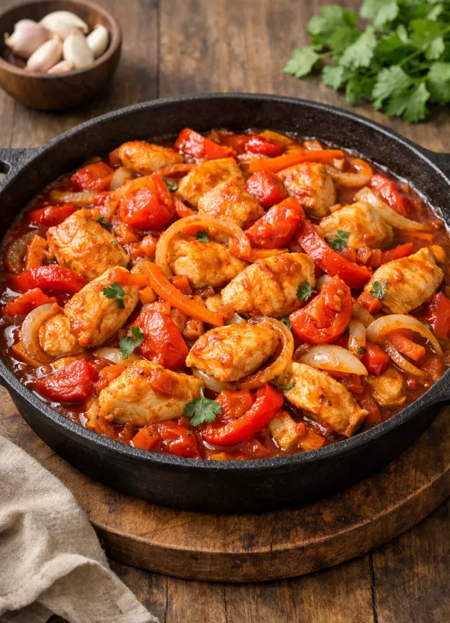 Курица по-грузински с овощами на сковороде
