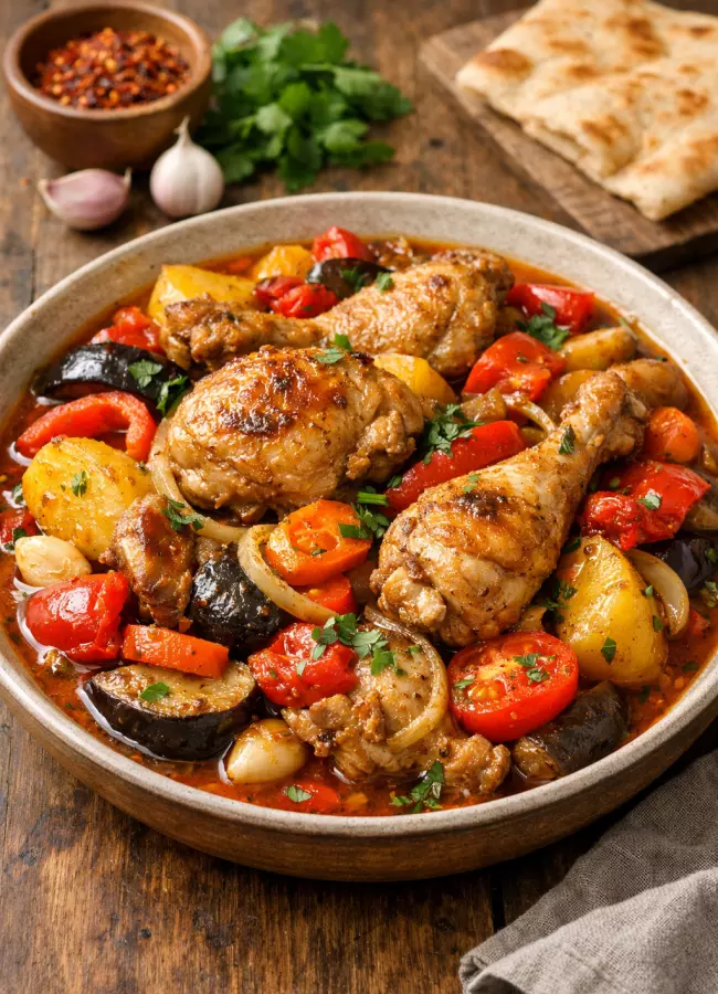 Курица по-грузински в казане с овощами