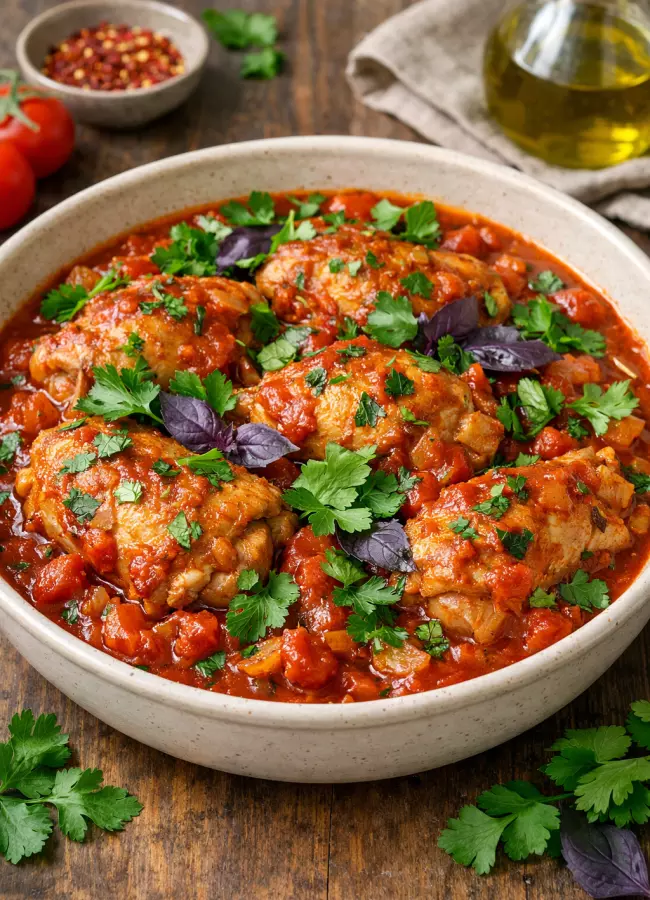 Курица по-грузински с помидорами и травами