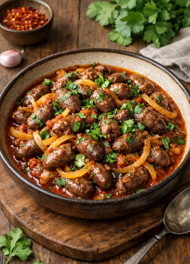 Куриные сердечки по-грузински с луком и специями