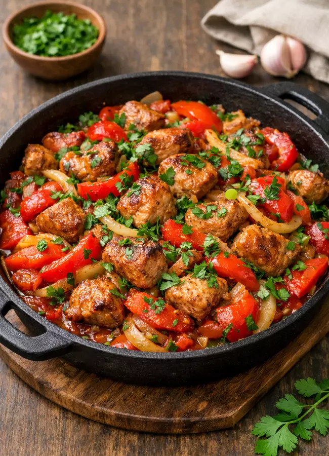 Мясо по-грузински с овощами на сковороде