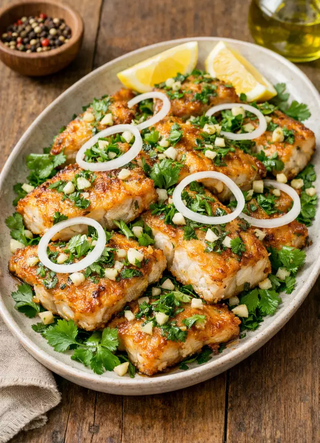 Жареная рыба по-грузински с чесноком и кинзой