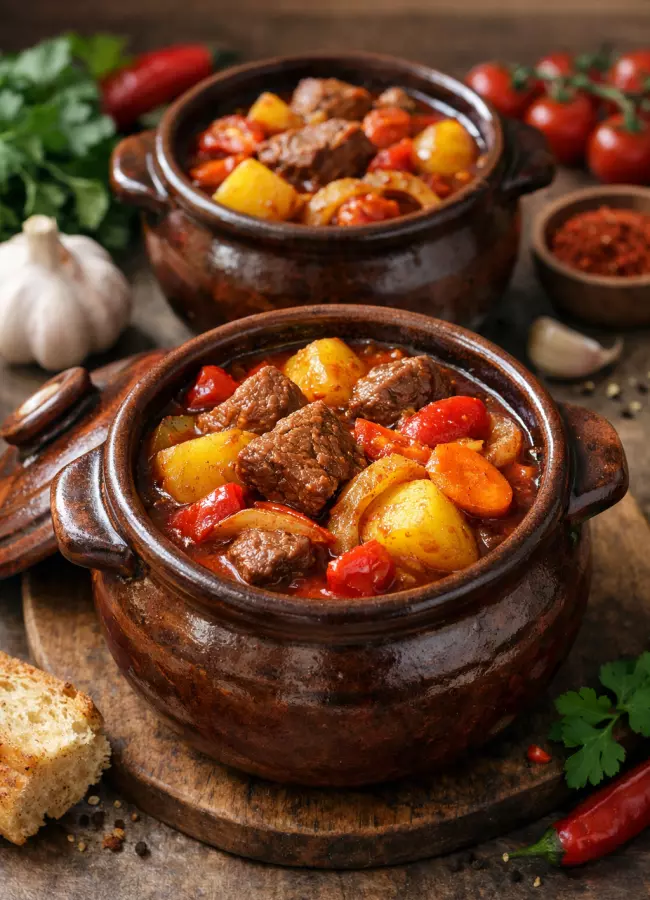 Жаркое из говядины по-грузински в горшочках
