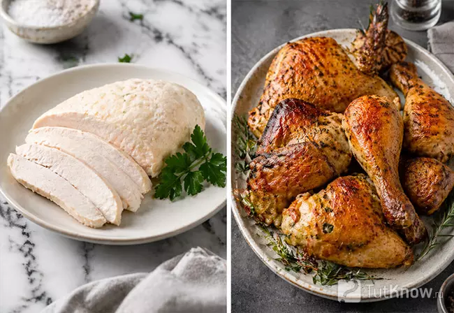 Отварная куриная грудка и запечённые куриные ножки рядом