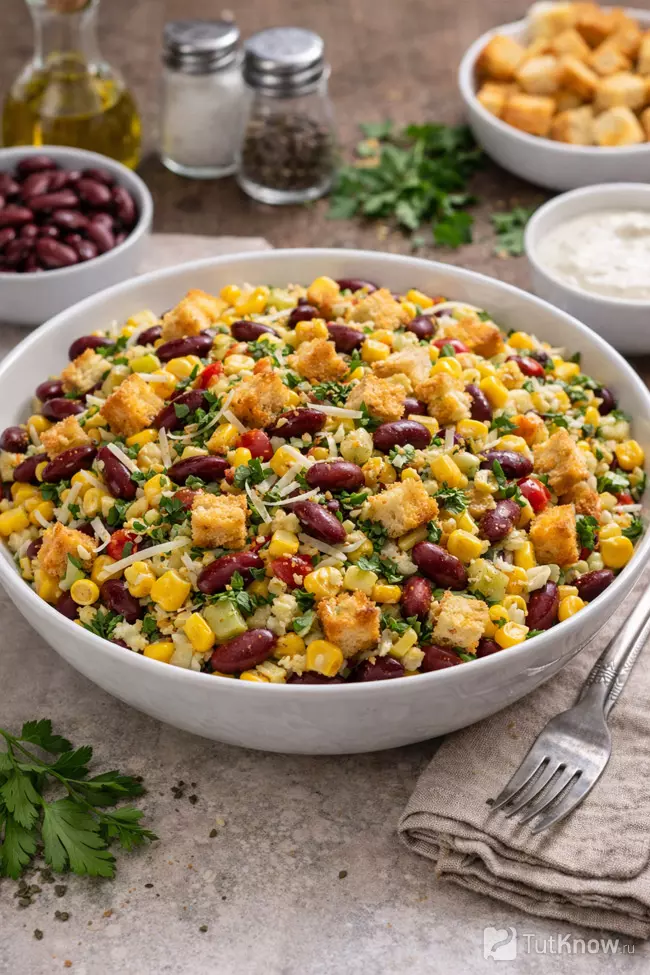 Салат с кукурузой, фасолью и сухариками