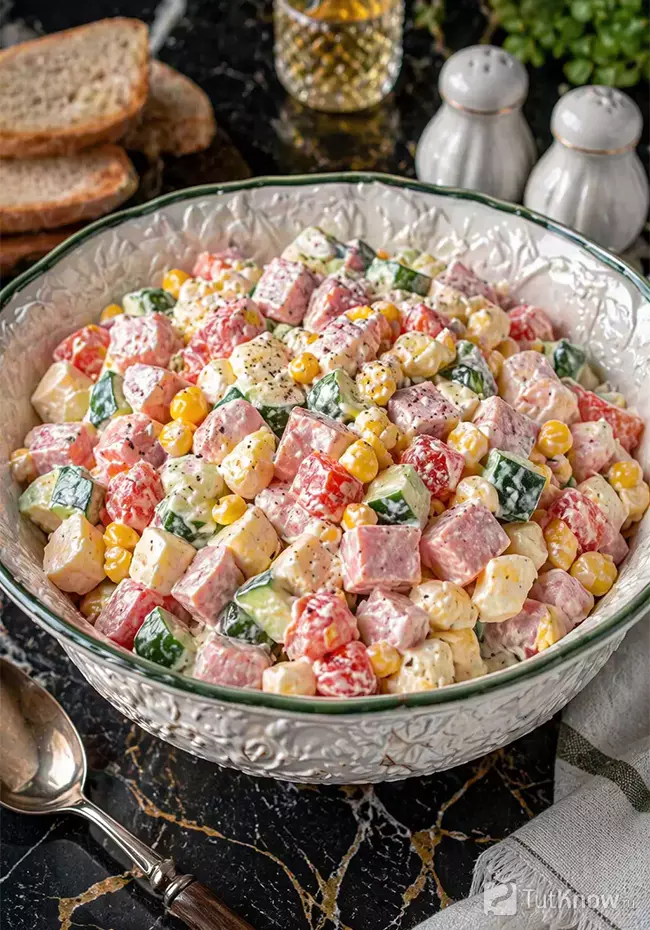 Салат с кукурузой, ветчиной и помидорами на черном мраморном столе