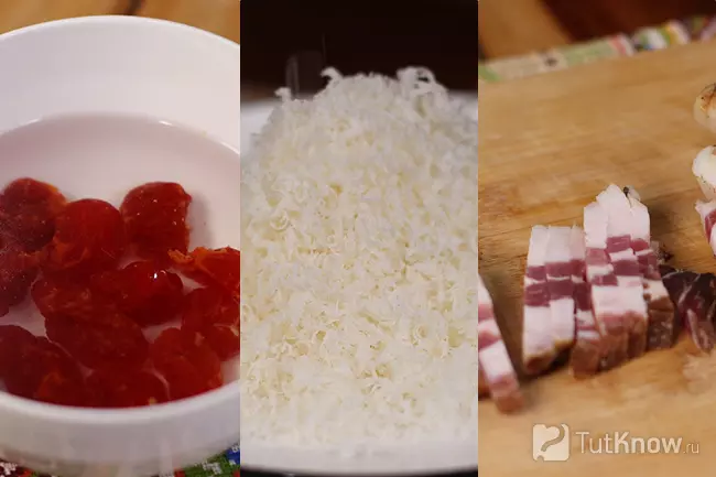Вяленые томаты пармезан и сало Панчетта - подготовка ингредиентов