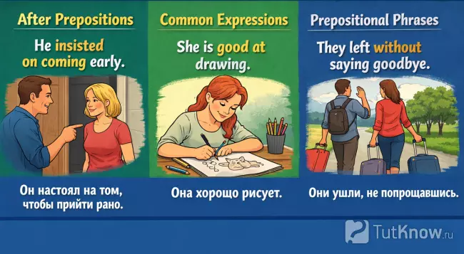 Примеры -ing формы после предлогов