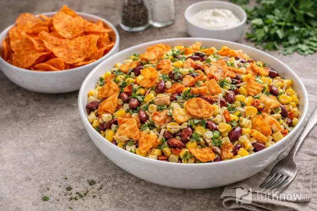 Салат с фасолью, кукурузой и чипсами