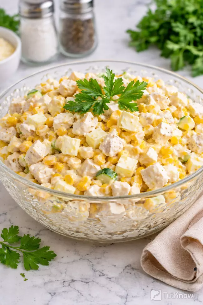 Салат с кукурузой, курицей, сыром и яйцом