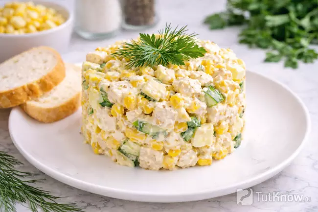 Салат с кукурузой, курицей, сыром и яйцом выложен в кулинарном кольце