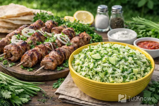 Салат с огурцом и шашлык на столе