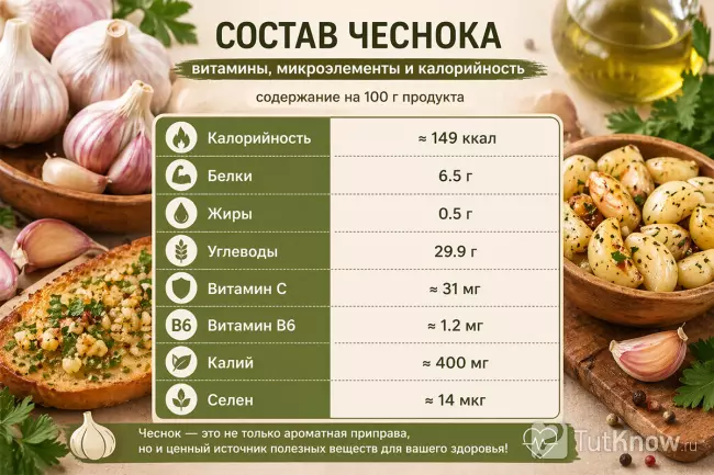 Инфографика состава чеснока с калорийностью, БЖУ и витаминами