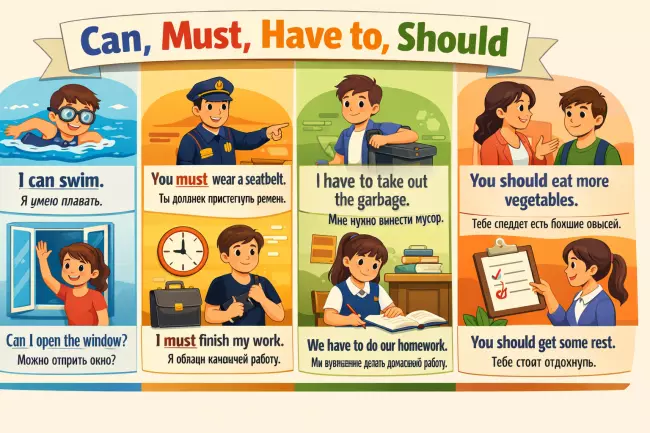 Модальные глаголы A1–A2: can, must, should