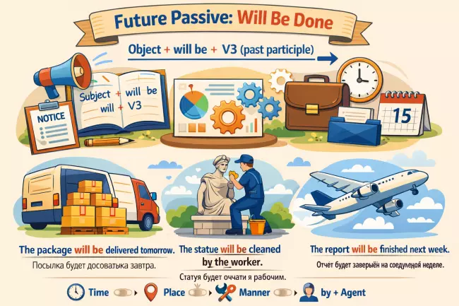 Future Simple Passive: формы и примеры