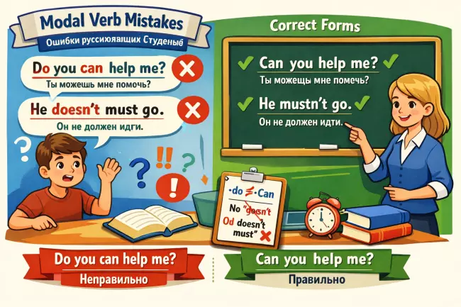 Ошибки в отрицаниях и вопросах с модальными глаголами
